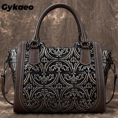 Gykaeo Handmade Retro Tote Luxury Handbags Women Bags 2020 Summer Leisure Cowhide Large Capacity Floral Shoulder Crossbody Bags