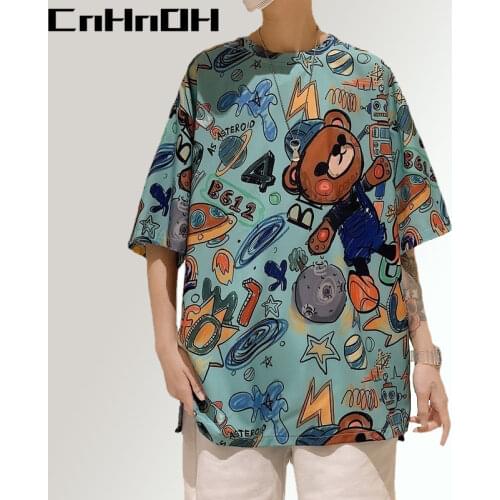 CnHnOH Graffiti Streetwear Hiphop Bear Short-Sleeved T-Shirt For Men Unisex Oversize Korean Harajuku Style BfShirt Summer SK-512