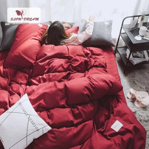 SlowDream Wine Red Bedding Set Bedspread Double Queen Bed Flat Sheet Linens Decor Home Duvet Cover Set Japan Style Luxury Bed