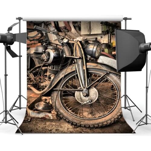Vintage Motorcycle Backdrop Ruined Repair Workshop Tools Dirt Road Grunge Wallpaper Photography Background Kids Adults