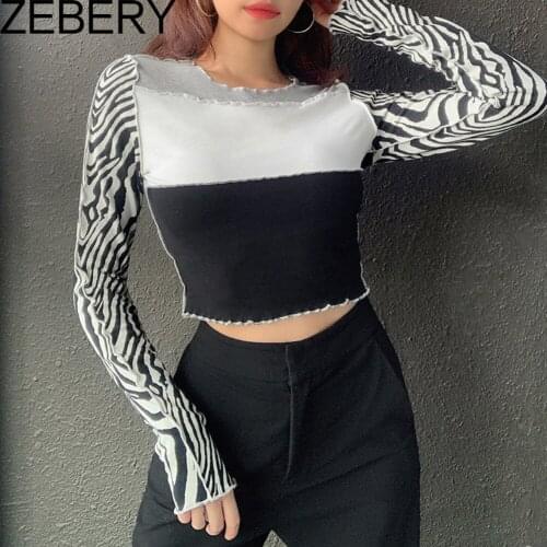 ZEBERY Fashion Color Blocking Gothic Crop Zebra Y2K Patchwork Long Sleeve E-girl Autumn Tee For Women Skinny Ruffles Hem Tops