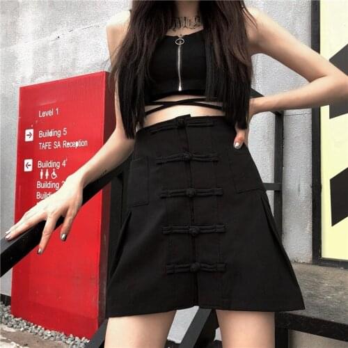 Black Gothic Woman Clothes Sexy Skirts Womens 2020 Janpan Style High Waist Buttons Short Asian Streetwear Aesthetic Skirt 10188