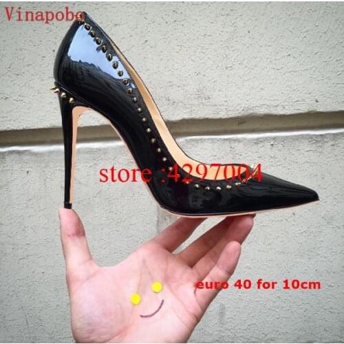 Low price Vinapobo Womens Shoes 8 10 12CM Pointed Toe Fashion Thin Heels Pumps Red Pink Patent Leather Shoes Woman Big Size 43