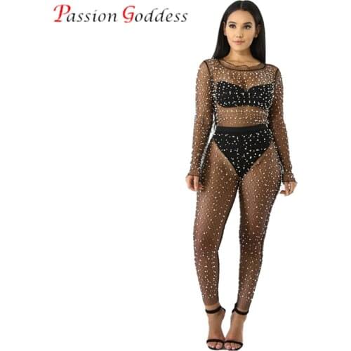 2020 Summer Women Two piece set Sexy Pearls Mesh Perspective Hollow Out Top and High Waist Long Pants Womens suit 2 piece set