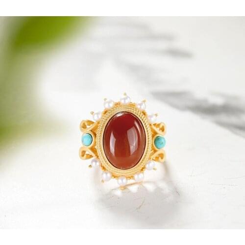 S925 Sterling Silver Gilding Inlaid Southern Red Agate Oval Pearl Natural Turquoise Chinese Style Womens Ring Rings