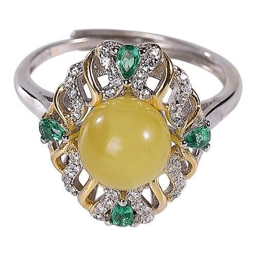 S925 sterling silver gold-plated natural amber ring high profile fashion hollow Womens Open ring
