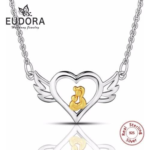 Eudora 100% Pure 925 Sterling Silver Gold Color Mom Hold Baby Angel Wings Heart Pendant Necklace for Womens Fashion Jewelry