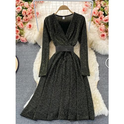 Autumn Women Party Dress With Diamond Sashes Elegant Vintage V-Neck Long Sleeve Big Swing Vestidos Female Casual Vestidos 2021