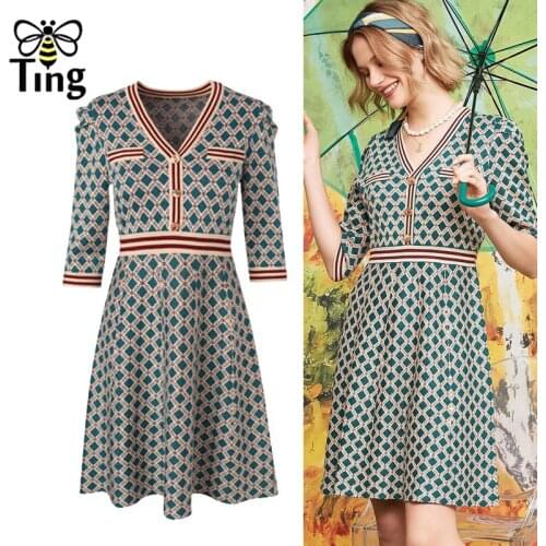 Tingfly Vintage Elegant Plaid Knitting Casual A Line Mini Short Dresses Women Retro V neck Button Knitted Dress Knitwear Vestiti