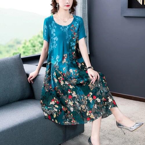 2021 Blue Floral Chiffon Vintage Midi Dresses Elegant Female 4XL Plus Size Print Sundress Summer Party Bodycon Runway Vestidos