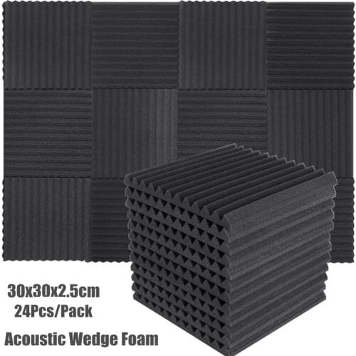 24Pcs/Pack 30x30x2.5cm Acoustic Wedge Foam Panel Tiles Studio Soundproof Foam Wall Pad Room Sound Insulation Treatment with Tape