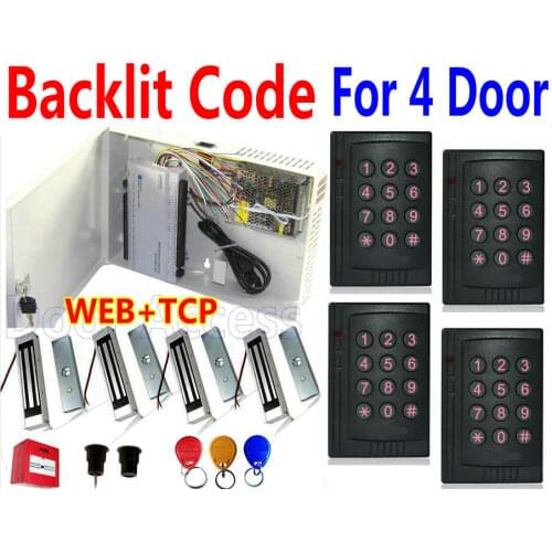 4 Backlit Code Wie-gend readers Entry+Exit Both side Controls Web Access controller Proxnity Card reader door lock magnetic kit