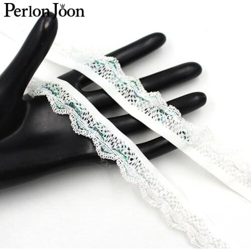 5 yards/lot 2.4cm White with green silk wavy elastic band lace suitable for down jacket lace socks hair tie accessories