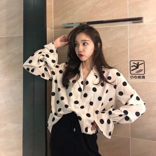 Deeptown Elegant Shirt Women Polka Dot Print Blouse Office Ladies 2021 Fashion Korean Style Harajuku Flare Sleeve Tops Female