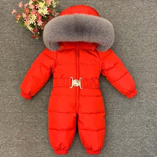 Russian Winter Boys Girls 1-5Y Winter Overalls Baby Rompers Duck Down Jumpsuit Real Fur Collar Children Outerwear Kids Snowsuit