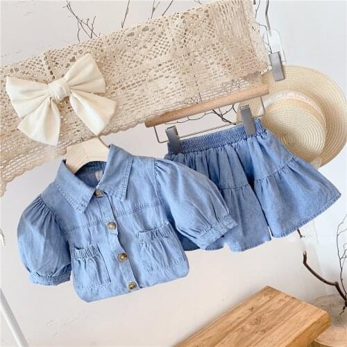 Kids Baby Girls Clothes Sets Fashion Denim Puff Sleeve Top + Skirt 2pcs Summer Toddler Girls Sets Jeans Children Casual Costumes