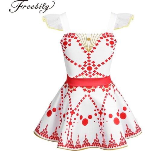 Kids Girls Ruffled Sleeves Square Neckline Printed Ballet Dance Gymnastics Dress Ballerina Fairy Party Cosplay Costume Clothes