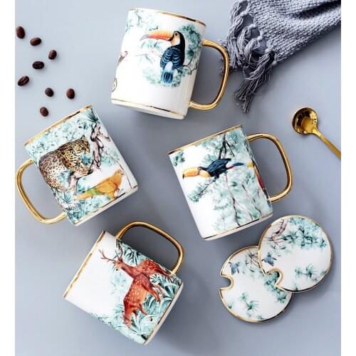 British Bone China Animal Mug Ceramic Coffee Cup With Lid Spoon Afternoon Teacup Home Party Drinkware Decoration
