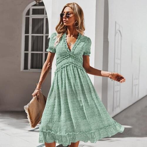 Summer Dress Women Robe Femme Floral Print Maxi Dresses Deep V Neck Short Sleeve Big Swing Long Dress For Women Vestido De Mujer