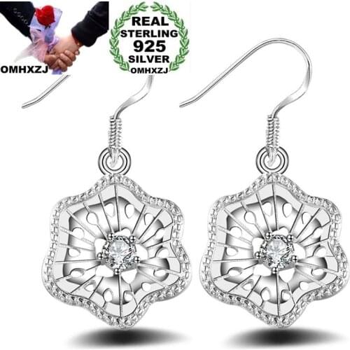 OMHXZJ Wholesale Personality Fashion OL Woman Girl Party Wedding Silver Flower Zircon 925 Sterling Silver Earrings YE346