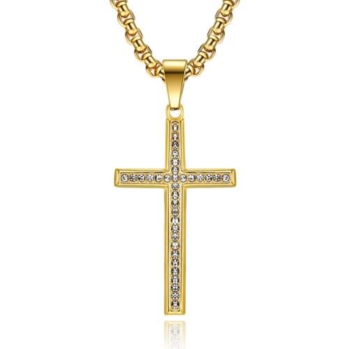 Male Men Cubic Zircon Cross Pendant Christian Necklace Chain Black Golden Stainless Steel Fashion Jewelry New Arrival 2021