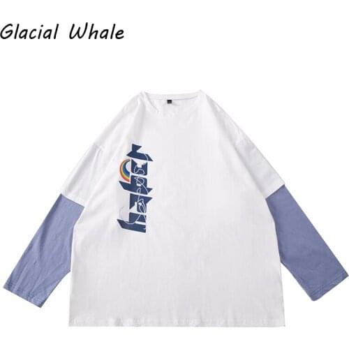 GlacialWhale Long-sleeved Mens New 2021 Autumn Patchwork White T-shirt Male Hip Hop Streetwear Oversized Trendy Mens Clothing