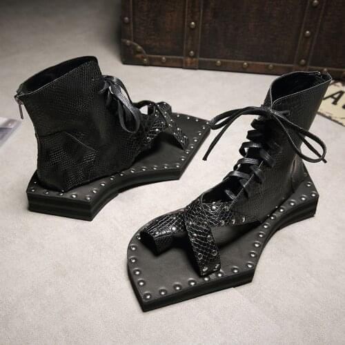 Genuine Leather Snakeskin Runway Casual Sandals Ankle Boots Geometric Shape Sole Chunky Mens Shoes Vintage Gladiator Sandals