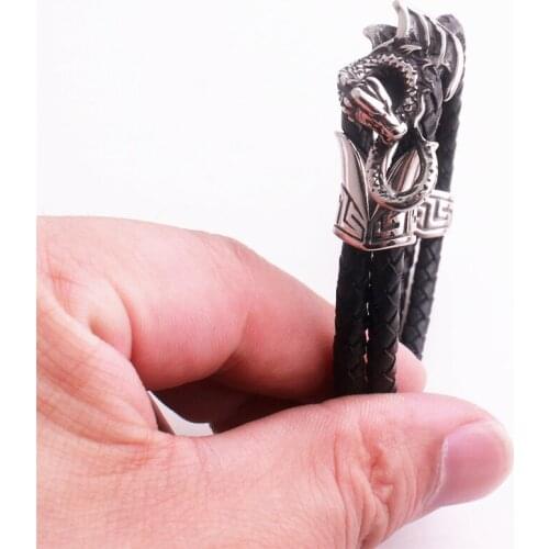 Men Punk High Quality Dragon Shape Stainless Steel Clasp Genuine Leather Cord Fashion Pterosaur Charm Bracelet