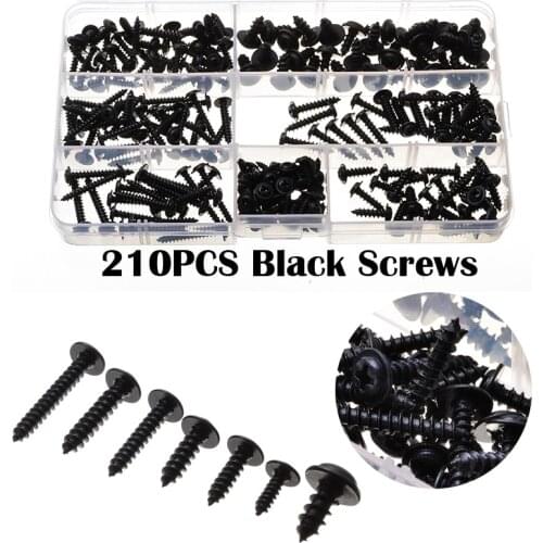 7Sizes 210PCS Screws Round Head Cross Machine Assort PWA Self-tapping Fasteners Kit Black Oxide Phillips Stainless Set