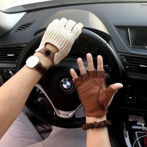 NEW Mens genuine leather Gloves Knitted Leather Gloves Male Breathable Unlined Non-slip Driving Gloves mitten Men leather gloves