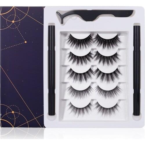 Handmade 3D Thick Self-adhesive Eyelashes & Eyeliner Set 5 Pairs Natural Long Fake Lashes Glue-free None Magnetic 30Sets/lot DHL