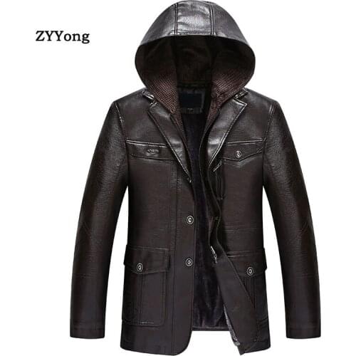 Russia Winter Leather Jacket Men Thick Hooded Leather Jacket Male Luxury Windbreaker Coat