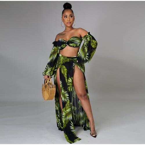 S-5XL Plus Size Leaves Print 3 Piece Bikini Set Summer Outfit Women Off Shoulder Lantern Sleeve Crop Top+underpant+split Skirts