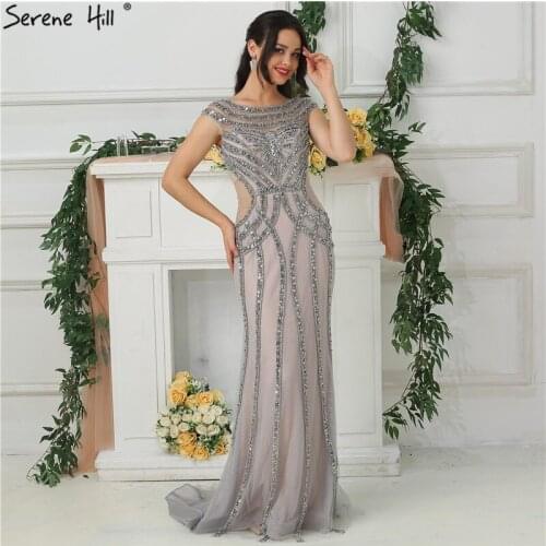 Grey Dubai Design Cutaway Sides Evening Dresses Diamond Pearls Luxury Sexy Evening Gowns 2020 Serene Hill LA6676