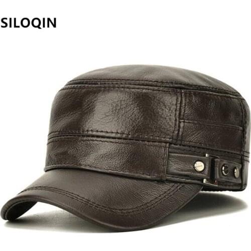 SILOQIN Snapback Cap Natural Cowhide Leather Cap Military Hats Mens Flat Caps New Winter Warm Hat Adjustable Size Men Black Cap