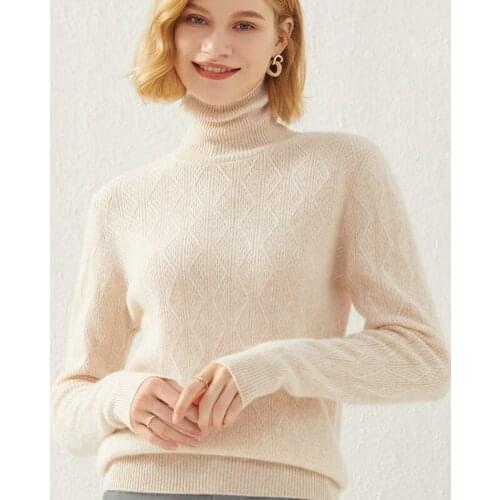 Autumn and Winter New thick Womens Cashmere Sweater turtleneck diamond lattice knit bottoming shirt 100% Wool Pullover Sweater