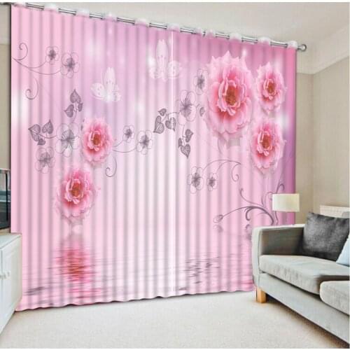 3D Curtain Photo Customize Size Living Room Pink Background Flowers Blackout Curtain Fabric 3D Window Decorative Curtains