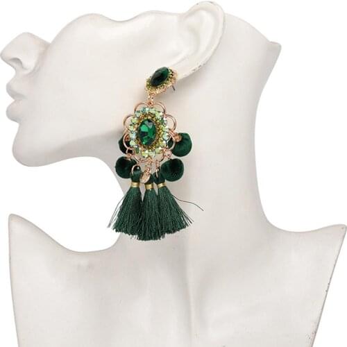 Women Rhinestone Flower Pompom Tassel Dangle Ear Stud Earrings Statement Jewelry