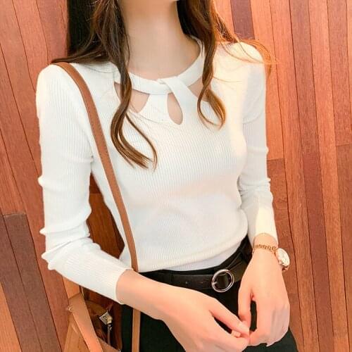 Womens Tops Hollow Out Slim Stretch Sexy Pullovers Solid Color O-neck Weaters Slim Bottoming Shirt Ladies Autumn Winter Sweater