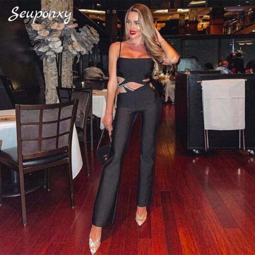 High Quality 2021 Summer WomenS Diamond-Encrusted Hollow Bandage 2 Two-Piece Set Sexy Lace-Up Short Top + Pants Party Set