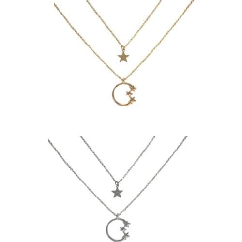 Star Moon Silver 925 Pendants Necklaces for Women Double Necklace Jewelry Gift