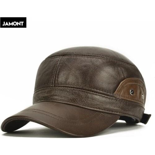 2020 Men Genuine Leather Hat Adult Cowhide Hat Male Outdoor Warm Flat Leather Hat Winter Casual Leather Cap Adjustable Berets
