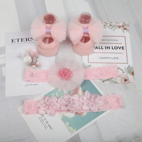 3 Pcs/Set Princess Baby Girl Socks Headbands Set Flower Bows Newborn Socks Crown Girls Hairband Non-slip Infant Toddler Socks