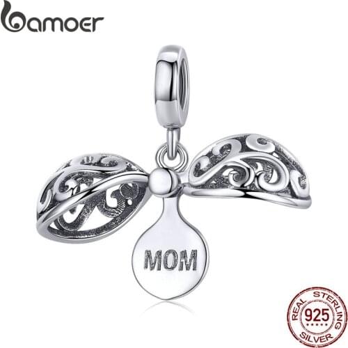BAMOER 100% 925 Sterling Silver Gratitude For Mom Gift Box Pendant Charms Fit Original Bracelets Necklaces DIY Jewelry SCC1008