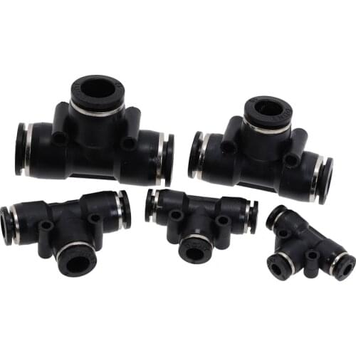 Black PE4 PE6 PE8 PE10 PE12 PE14 PE16 Pneumatic 4mm To 4mm T Type One Touch Push In Quick Fittings