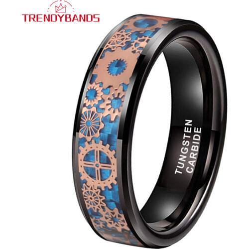 Black Tungsten Rings Rose Gold Gear Blue Carbon Fiber Inlay 6MM Beveled Edges Comfort Fit