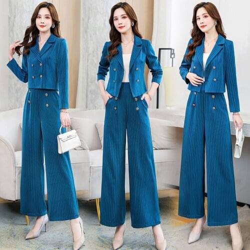 Women 2 Pieces Sets 2021 Spring Autumn Long Sleeve Striped Short Tops Suit+Long Wide Leg Pants Trousers Lady Two Piece Suits
