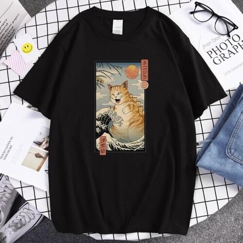 Ukiyo-e Style Orange Cat Print T-shirt mens Oversize Soft T Shirt Comfortable Breathable Clothing Harajuku Casual Male T Shirts