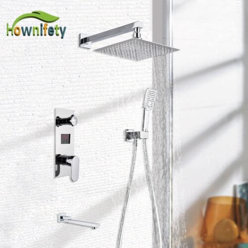 Chrome Bathroom Shower Set With LCD Digital Temp Shows Hot Cold Mixer Rainfall Shower Head Bath Mixer Shower Faucets Systems