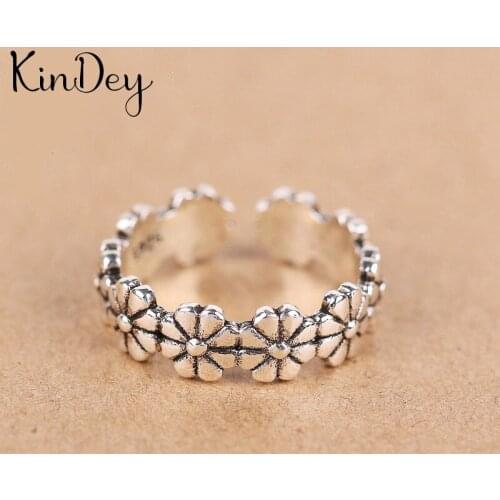 Kindey Real Silver Color Flower Rings For Women Big Antique Rings Finger Jewelry High Quality